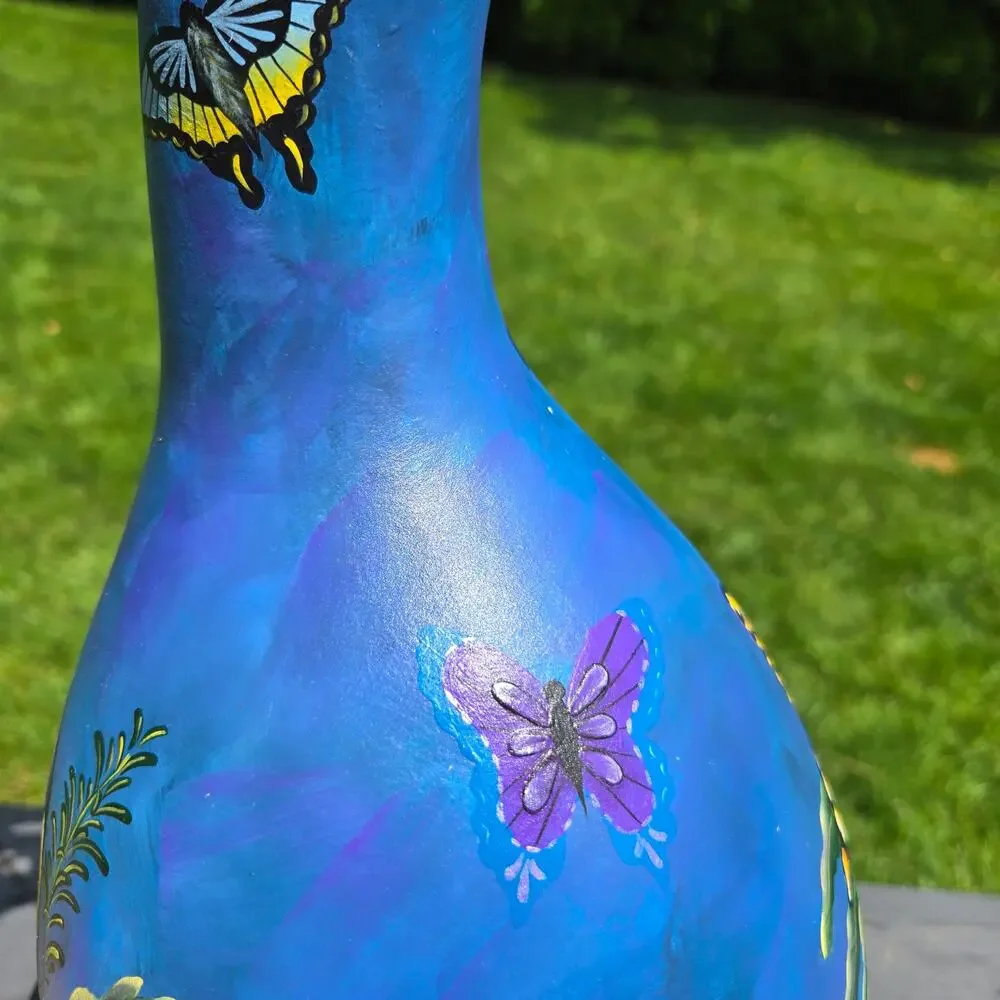 Handpainted Butterfly Hanging Gourd Birdhouse Blue Yellow Green Purple 16